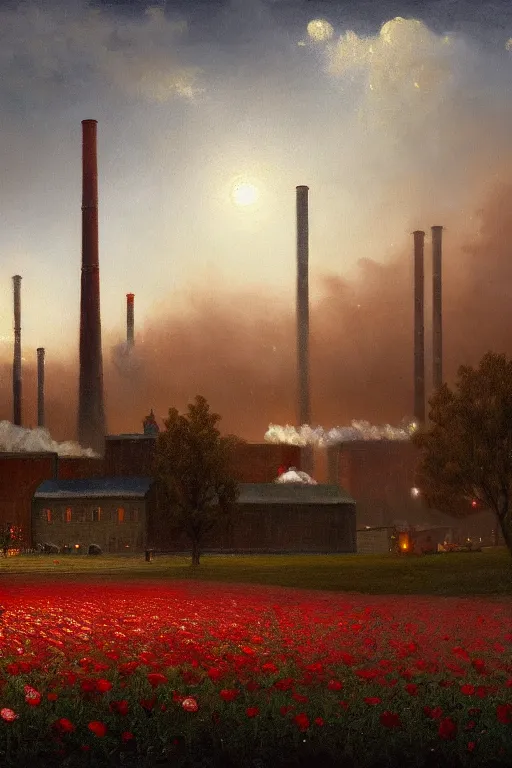 Prompt: a beautiful painting of a factory with smoking chimneys, red rose fields, dark style, little roses, very detailed, soft light effect, stable pipeline, super wide, big scene, by albert bierstadt, 4 k hd, trending on artstation ， ultrawide viewn and highly detailed, ultrawide lens, very high detailed