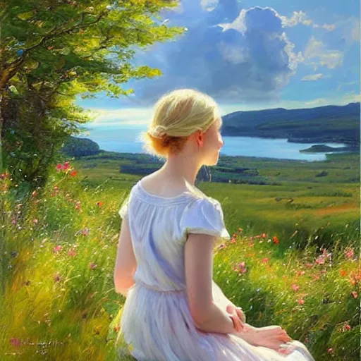 Image similar to blonde woman watching over the swedish countryside, archipelago, masterpiece, highly detailed, beautiful, atmospheric, impressionism, painting by Vladimir Volegov