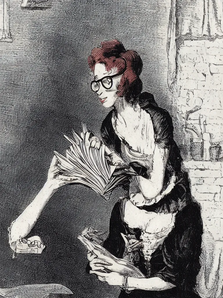 Prompt: A late 18th century vampire woman , skinny, pale skin, with red hair and glasses reading a magazine about bicycles.