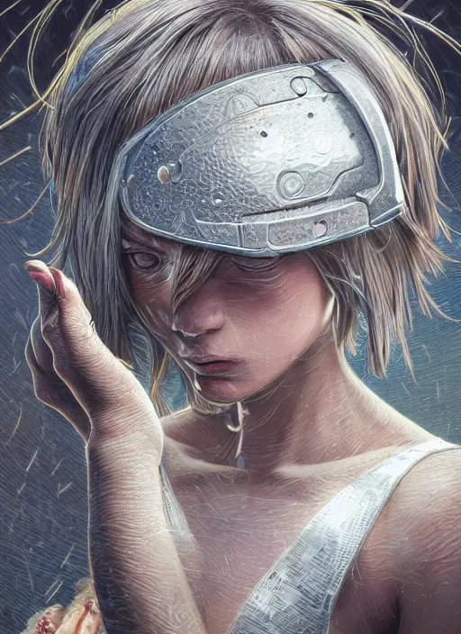 Image similar to highly detailed realistic hammered nails in a stupid head, pain, light effect, hyper detailed, intricate, elegant, highly detailed, digital painting, artstation, concept art, matte, sharp focus, illustration, by dan mumford, yusuke murata, makoto shinkai, ross tran