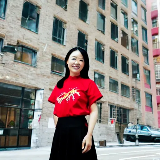 Prompt: elisa lam chinese canadian 2 1 year old girl wearing a red sweetshirt and black skirt standing in front of the cecil hotel