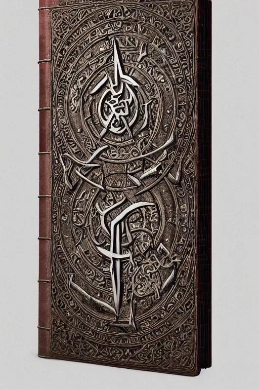 Image similar to an ancient ornate intricate old tome spell book satanic poetry with the sigil symbol of diablo emblazoned on the cover, cinematic, realistic, intricate detail, finely detailed, small details, extra detail, photorealistic, high resolution, 3 d, pbr, path tracing, volumetric lighting, octane render, arnold render, 8 k