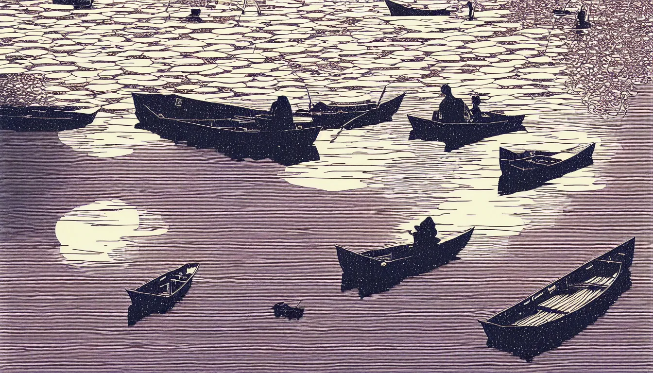 Image similar to one boat floating in the lake by woodblock print, nicolas delort, moebius, victo ngai, josan gonzalez, kilian eng
