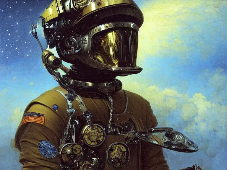 Image similar to a detailed profile oil painting of a soldier in a spacesuit with reflective helmet, advanced technology flight suit, portrait symmetrical and science fiction theme with aurora lighting clouds and stars by beksinski carl spitzweg and tuomas korpi. baroque elements, full-length view. baroque element. intricate artwork by caravaggio. Trending on artstation. 8k