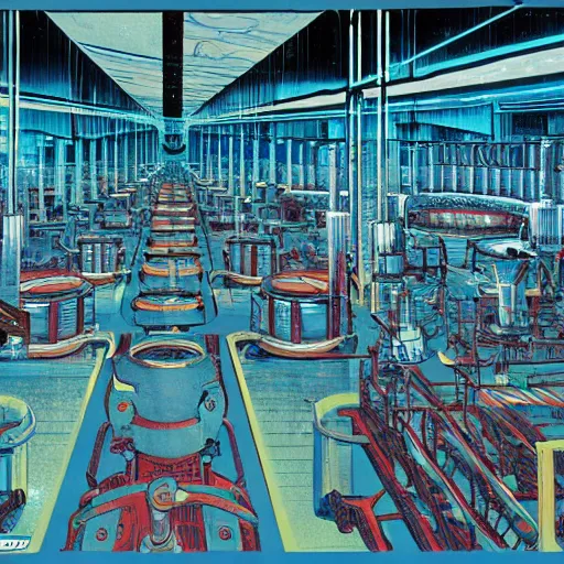 Prompt: a scifi illustration, factory interior. seen from above in FANTASTIC PLANET La planète sauvage animation by René Laloux