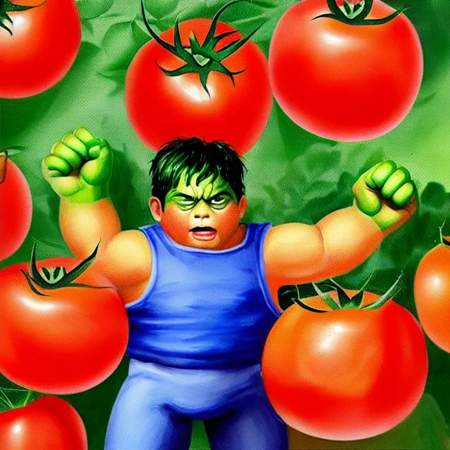 Prompt: hulk harvests tomatoes in his garden, soft cute colors, classical painting, nice art, soft brush