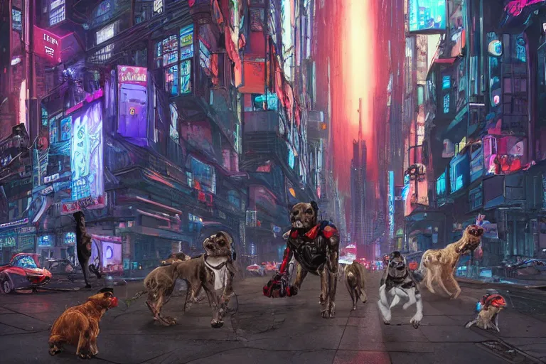 Prompt: Anthropomorphic dogs in cybernetic suits chasing robots with red eyes in a cyberpunk city. Concept art by James Gurney and Mœbius, 4K