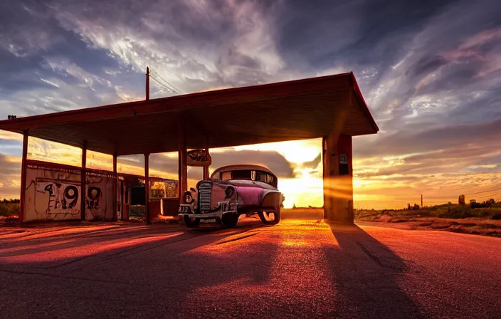 Image similar to a sunset light landscape with historical route 6 6, lots of sparkling details and sun ray ’ s, blinding backlight, smoke, volumetric lighting, colorful, octane, 3 5 mm, abandoned gas station, old rusty pickup - truck, beautiful epic colored reflections, very colorful heavenly, softlight