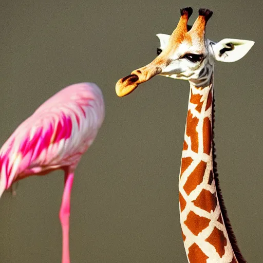 Image similar to hybrid of a Giraffe and a Flamingo, full body shot, sharp focus, ultra-detailed, photorealistic, complex, intricate, 3-point perspective, hyper detailed, IMAX quality, cinematic, finely detailed, small details, extra detail, symmetrical, high resolution, photo, 8k, award-winning, awe-inspiring, ground-breaking, masterpiece