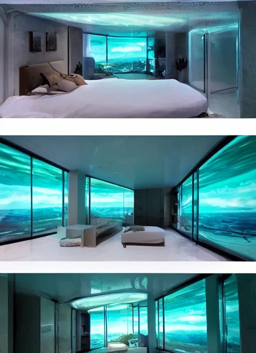 Image similar to a futuristic sci - fi underwater home with mirrored walls, dreamatic lighting