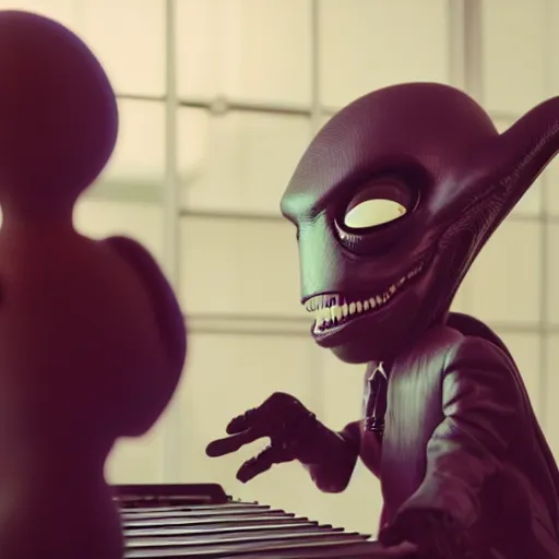 Image similar to cinematic film still of Pharrell Williams Making A Beat with an anthropomorphic alien, Japanese VFX, 2018, 400mm lens, f1.8, shallow depth of field,film photography