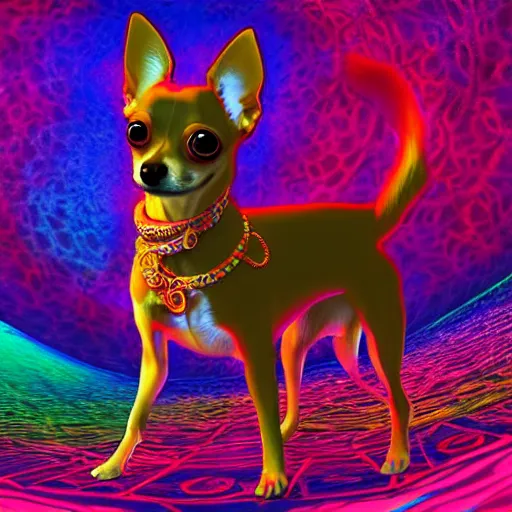 Prompt: a psychedelic chihuahua living in an extradimensional reality, in the style of wlop, illustration, epic, fantasy, hyper detailed, smooth, unreal engine, sharp focus, ray tracing, physically based rendering, renderman, beautiful