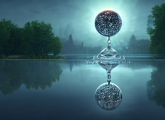 Image similar to glowing transparent crystal ball on a beautiful lake, radiant light, tree of life inside the ball, intricate details, reflections on the water, ripples, moody sky, hyperdetailed illustration by mark brooks, by yuumei, unreal engine 5, low light, rule of thirds