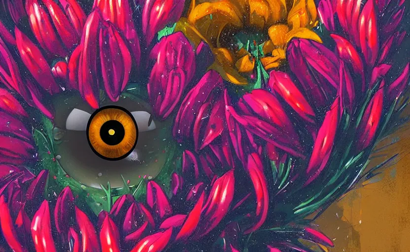 Prompt: close up of a beautiful flower with robot eyes in the middle maximalist bold colors by Greg rutkowski