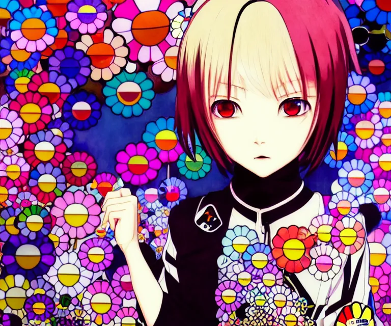 Image similar to takashi murakami, ilya kuvshinov illustration colorful anime portrait of reol sigma, murata range, fine detail, perfect anime face, dramatic lighting, dynamic composition, moody, vivid, fine stippled lighting, grain, art deco, cel shading, rich texture, yoshinari yoh, alphonse mucha, last exile