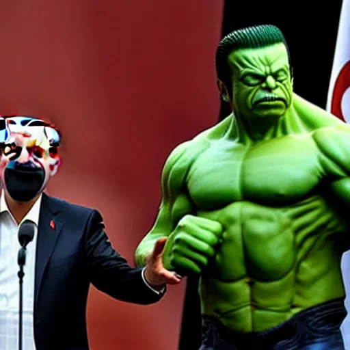 Image similar to recep tayyip erdogan and the hulk making a public speech