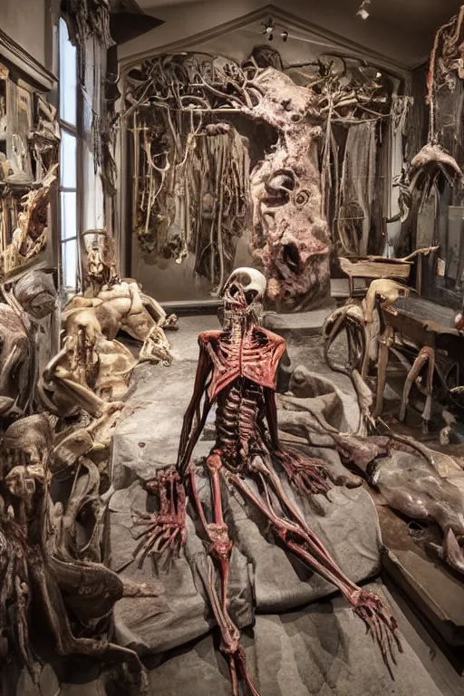 Image similar to inside a museum, a room where anatomical body parts are piece of arts by Rob Bottin, filth and grim, very detailed, ultra realistic photography