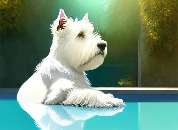 Prompt: closeup portrait of a west highland white terrier sitting by a pool, bright, reflections, intricate, sharp focus, lens flare, bloom, illustration, highly detailed, digital painting, concept art, matte, art by ruan jia and wlop and greg rutkowski, masterpiece