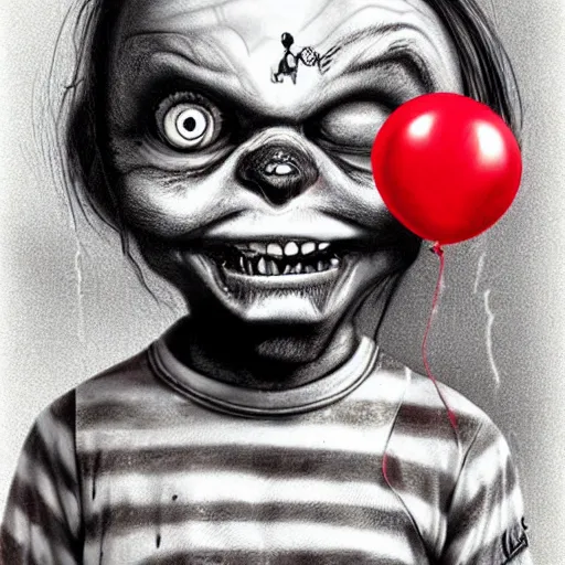 Prompt: surrealism grunge cartoon portrait sketch of chucky with a wide smile and a red balloon by - michael karcz, loony toons style, slender man style, horror theme, detailed, elegant, intricate