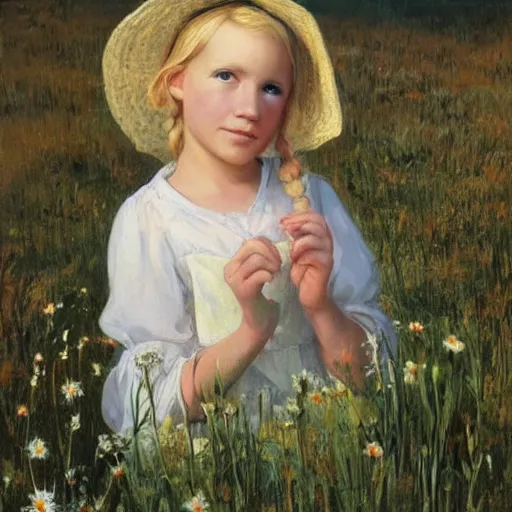 Prompt: young blonde pioneer girl in a meadow, portrait, anime