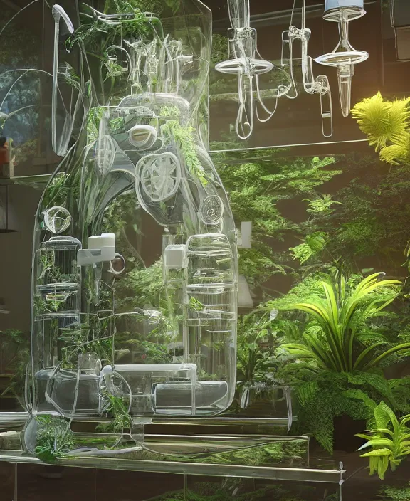 Image similar to intricate transparent clear see - through image of medical equipment, lush botany, garden environment, ultra realistic, concept art, fractal art, photorealistic, octane render, 8 k, unreal engine. art by nori inoguchi and sam kaplan and zachary goulko and christopher marley