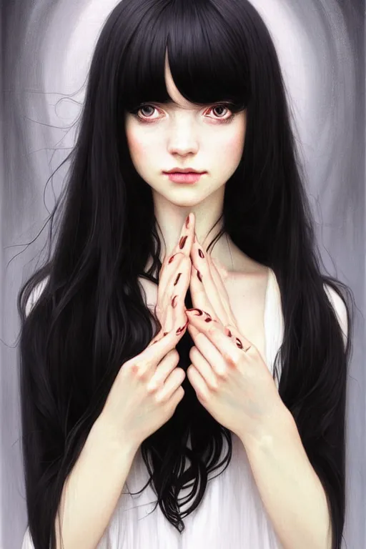 Image similar to a beautiful girl with long black hair and bangs, wearing a white dress, D&D, fantasy, portrait, sharp focus, intricate, elegant, digital painting, artstation, matte, highly detailed, concept art, illustration, ambient lighting, art by ilya kuvshinov, artgerm, Alphonse mucha, and Greg Rutkowski