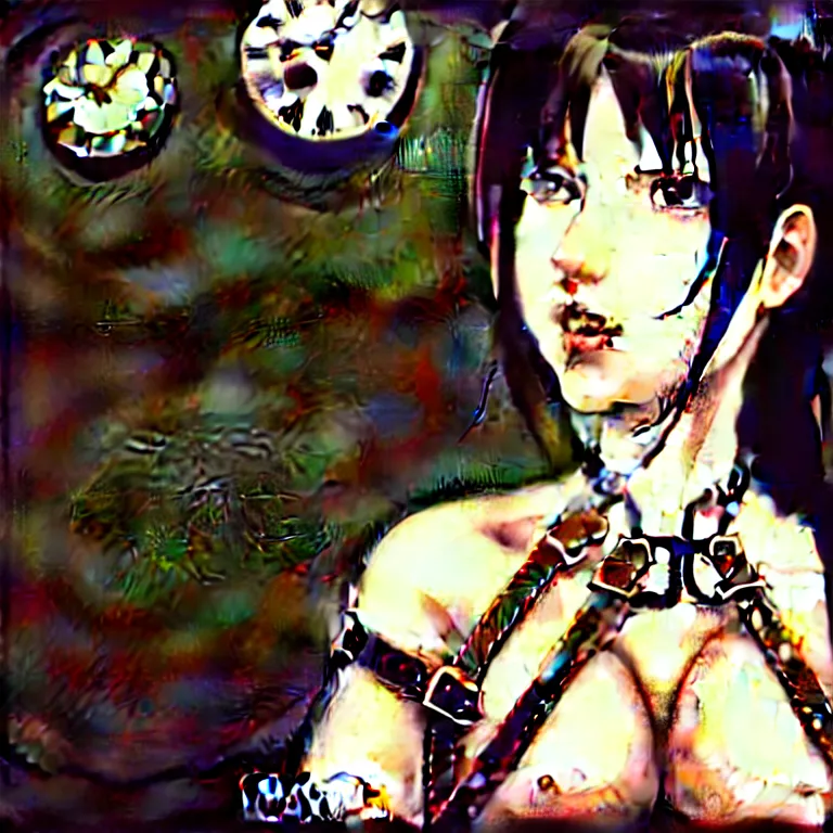 Image similar to bemused to be locked in a leather neck restraint, Tifa Lockhart in a full frame zoom up of her face and neck, looking upwards in a room of old ticking clocks, complex artistic color ink pen sketch illustration, full detail, gentle shadowing, fully immersive reflections and particle effects, concept art by Artgerm, art by Range Murata, art by Studio Ghibli