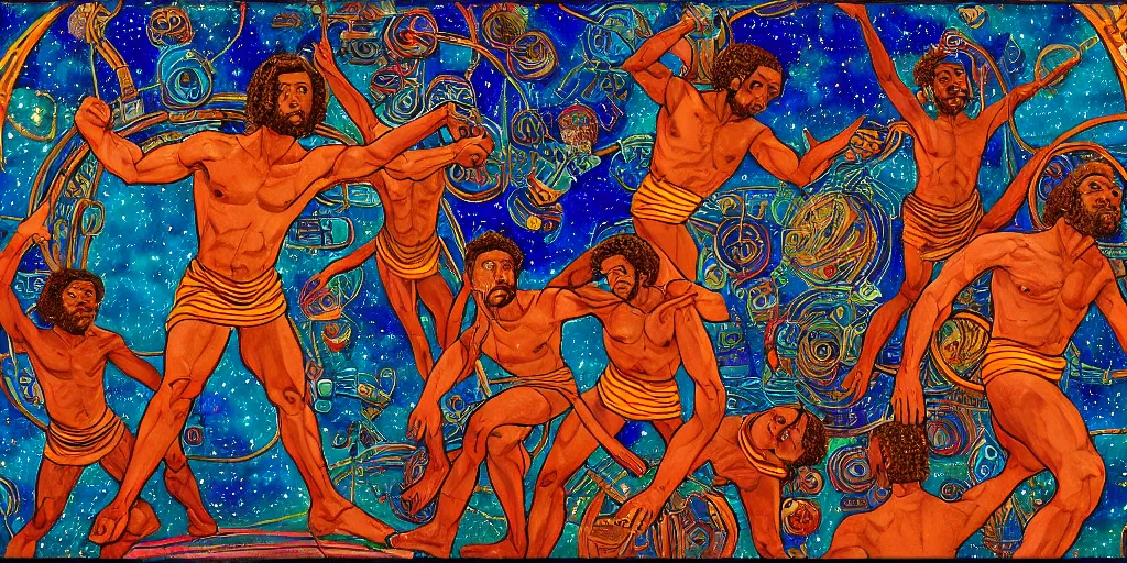 Prompt: an abstract space station background, a multiracial greek god dancing, clear eyes. 2 4 mm, photorealistic, muted color scheme, directed by mati klarwein