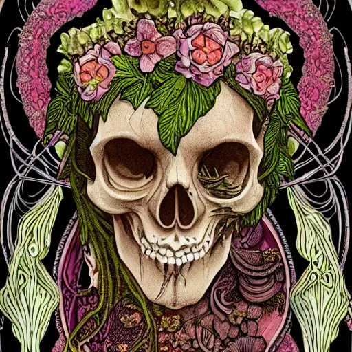 Image similar to detailed rotten woman skull corpse with fractal plants and fractal flowers and mushrooms growing around, symmetrical, ornate, ornamentation, illustration, in the style of art nouveau, mucha