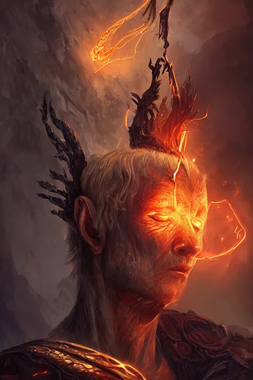 Prompt: fantasy character concept portrait, digital painting, wallpaper of an elf with skin of obsidian, with veins of magma and gold, renaissance nimbus overhead, by aleksi briclot, by laura zalenga, by alexander holllow fedosav, 8 k dop dof hdr, vibrant