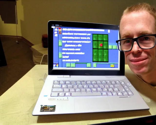 Image similar to john carmack writes code for minecraft! in pascal! on the laptop, bw photo