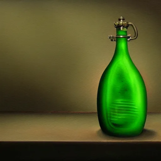 Prompt: a painting of a complex detailed steampunk mechanical jade and lime colored potion bottle centred on a counter, by h. r. giger, hyperrealistic fantasy art, concept matte, ethereal, dreamy, digital art, trending on artstation, volumetric cinematic lighting
