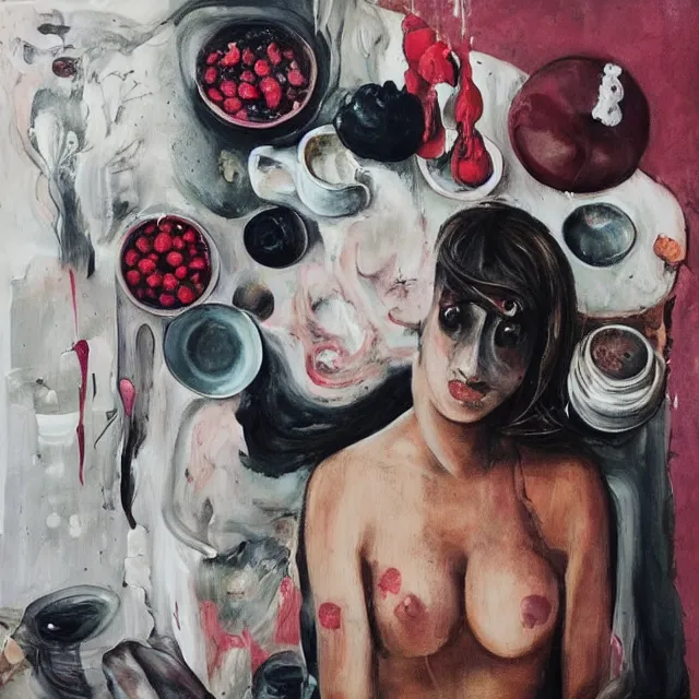 Image similar to “ a portrait in a female art student ’ s apartment, sensual, a pig theme, pork, pottery supplies, sculpture work in progress, a candle dripping white wax, pottery glaze, squashed berries, berry juice drips, acrylic and spray paint and oilstick on canvas, surrealism, neoexpressionism ”