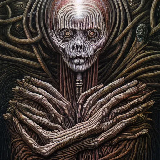 Image similar to HER AFTER LIFE by jacek yerka, alex gray, zdzisław beksiński, dariusz zawadzki, jeffrey smith and h.r. giger, oil on canvas, 8k highly professionally detailed, trending on artstation