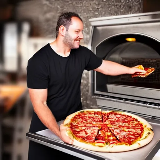 Image similar to a bald black is putting a pizza in the oven while the restaurant owner is yelling at him