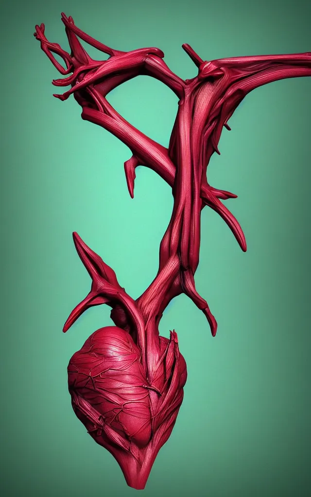 Prompt: intricated scientific medical 3d animation of the muscles and veins of a bat with a heart in their hands photography 3d octane plastic render green chroma key