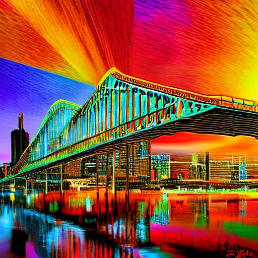 Image similar to extremely colorful, award winning digital art 4 k ultra detailed, milwaukee hoan bridge illustrated by andrew android jones