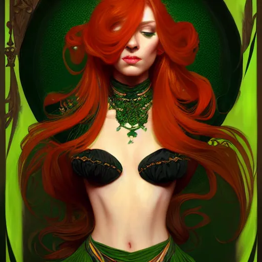 Image similar to aristocrat, green black orange color palette, black female, d & d, fantasy, intricate, elegant, highly detailed, long green hair, digital painting, artstation, octane render, concept art, matte, sharp focus, illustration, hearthstone, art by artgerm, alphonse mucha johannes voss