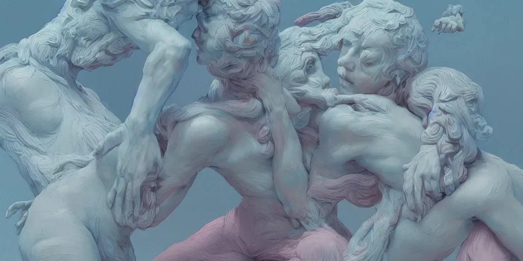Prompt: soft greek sculpture of intertwined bodies painted by james jean in pastel colors. artwork by Tooth Wu and wlop and beeple and dan mumford and greg rutkowski and nekroxiii. halo. octane render, cinematic, hyper realism, redshift render, 8k, depth of field, bokeh. iridescent accents. vibrant.