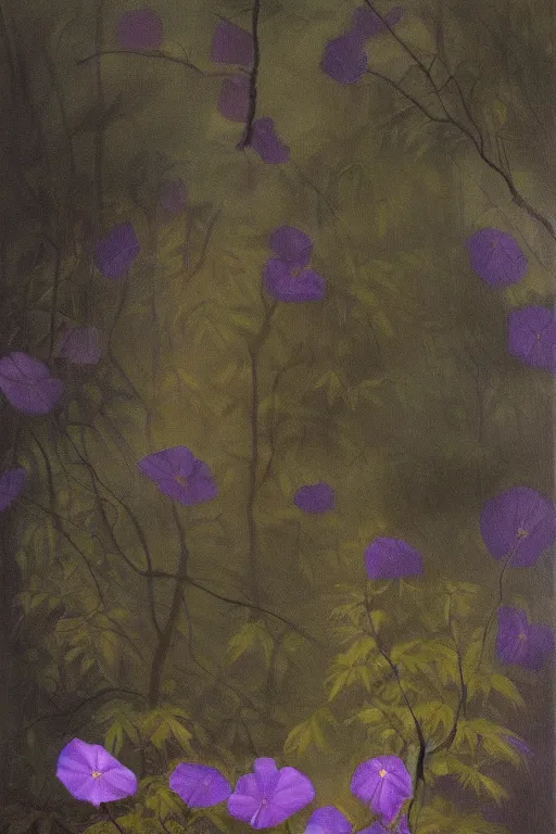 Image similar to moody painting of purple morning glories growing in a forest dimly lit at night. foggy volumetric darkness, muted colour palette oil painting on canvas caravaggio