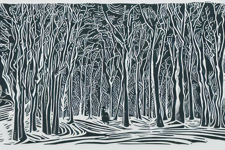 Prompt: werewolves in a winter forest, reaction diffusion linocut