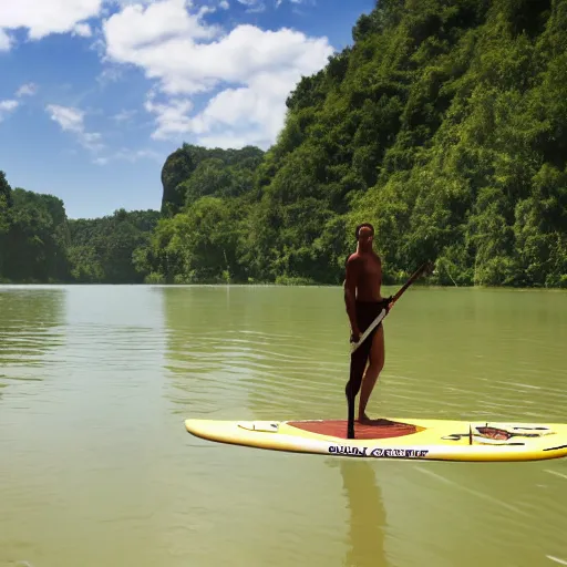 Prompt: a human - sized lemur on a stand up paddleboard floating down the middle of a river with cliffs on either side, digital art, highly detailed, landscape art, rule of thirds, summer lighting