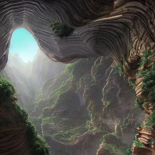 Prompt: a massive diffusing cellular tectonic organic biological crystallographic bridging megastructural lattice architecture in a wide canyon landscape, by glenn small, by lebbeus woods, by albert bierstadt, photorealistic, zaha hadid, god rays, volumetric lighting, mandelbulb 3 d, detailed, extremely intricate, raytrace, octane, fog, vray, structural,