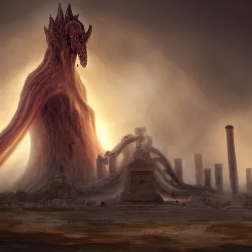 Image similar to Giant smoke monster coming out of the ground, thick swirling smoke, Nyarlathotep, Tentacles, mist, dramatic lighting, Byzantine ruins, surrounded by priests, desert, cinematic, trending on artstation