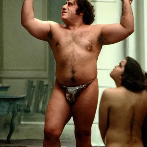 Prompt: danny devito as a greek god shirtless posing, women are staring
