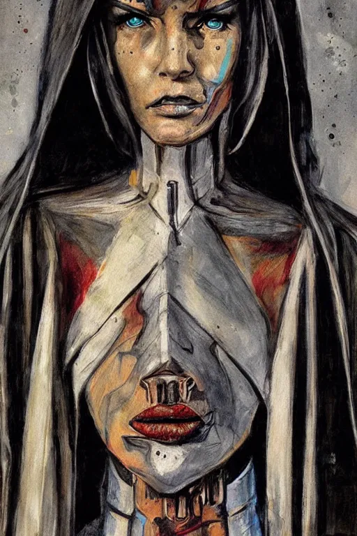 Image similar to portrait fashion model cyborg nun artwork by enki bilal