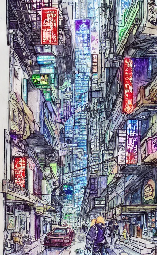 Prompt: A busy cyberpunk street, magical, watercolor-calligraphy-pen drawing