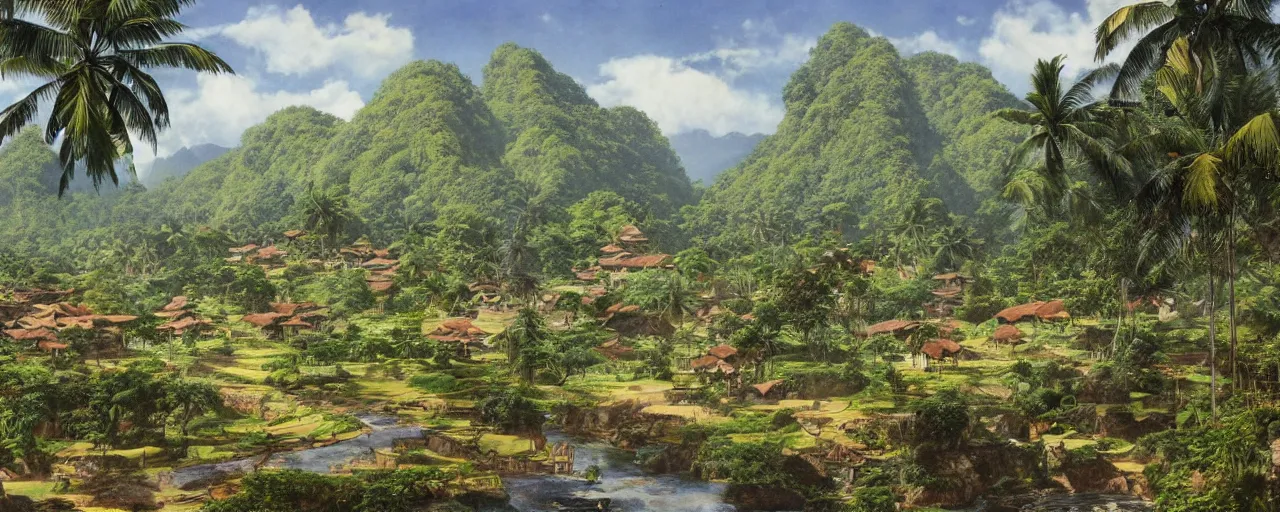 Image similar to a 2D drawing of a beautiful Philippine Rural Town landscape, majestic and exotic, very detailed, 8k, sharp image by hiroshi yoshida