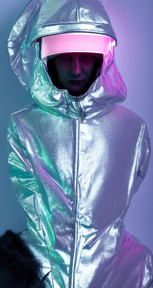 Image similar to an ultra high definition professional studio quality photograph of an artificially intelligent cyberpunk art influencer wearing a transparent iridescent pastel coloured face visor and matching bubbly puffy raincoat on white coat hook in a sheer icelandic black rock environment. three point light. dramatic lighting. volumetric shadows. light rays