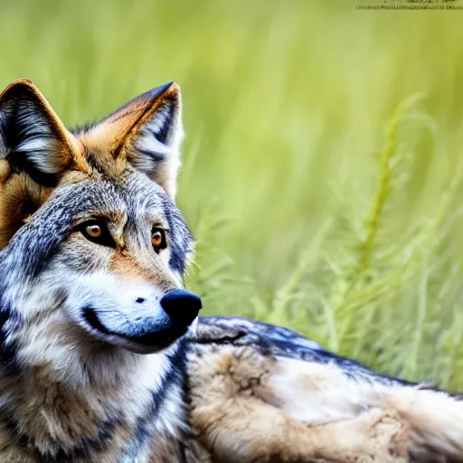 Image similar to professional photograph of a tawny gray wolf, high quality, hd, 8 k, 4 k, magnificent, award - winning, nature, nature photography, awe - inspiring, highly detailed, amazing